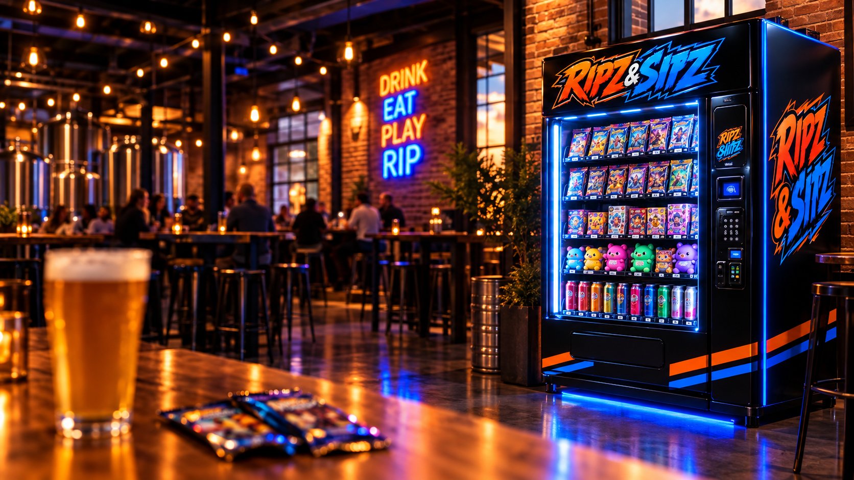 A Ripz & Sipz vending machine stocked with trading cards, collectibles and drinks, glowing blue inside a brewery taproom
